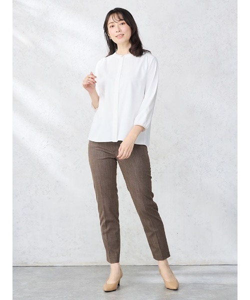 パーフェクトスーツファクトリー Perfect Suit FActory 配色バンドカラー ジョーゼットブラウス （L．グレー） パーフェクトスーツファクトリー Perfect Suit FActory 配色