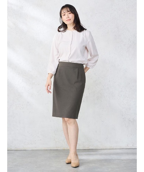 パーフェクトスーツファクトリー Perfect Suit FActory 配色バンドカラー ジョーゼットブラウス （L．グレー） セール】配色バンドカラー ジョーゼットブラウス オフホワイト