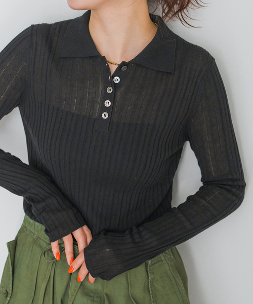 Spick & Span（スピックアンドスパン）の「手洗い可 / シアーポロシャツニットプルオーバー（ニット/セーター・レディース・ベージュ/ライトグレー/ブラック・FREE）」の2枚目の写真