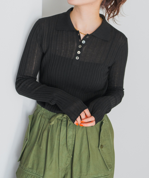 Spick & Span（スピックアンドスパン）の「手洗い可 / シアーポロシャツニットプルオーバー（ニット/セーター・レディース・ベージュ/ライトグレー/ブラック・FREE）」の8枚目の写真