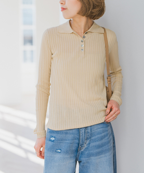 Spick & Span（スピックアンドスパン）の「手洗い可 / シアーポロシャツニットプルオーバー（ニット/セーター・レディース・ベージュ/ライトグレー/ブラック・FREE）」の18枚目の写真