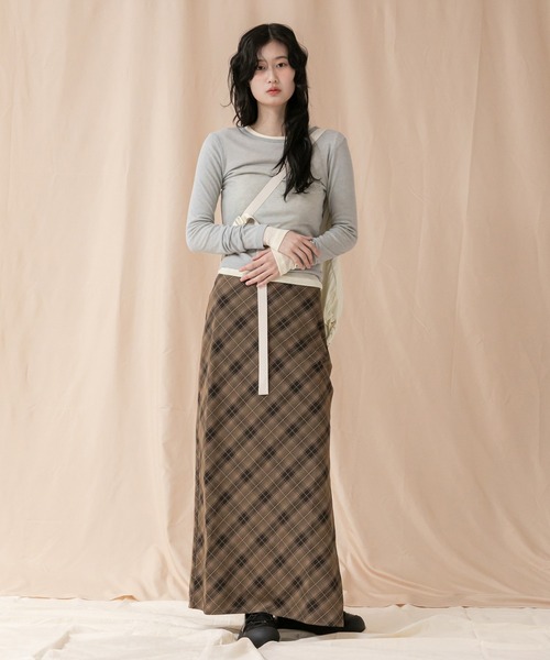 HEILIS(ヘイリス)の「バイアスチェックナロースカート / レッド ブラウン 春服 秋服 冬服 ガーリー レディース 韓国 トレンド タイトスカート ロングスカート クリスマス ホリデー(スカート・レディース・レッド/ブラウン・FREE)」の15枚目の写真