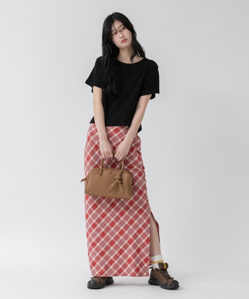 HEILIS(ヘイリス)の「バイアスチェックナロースカート / レッド ブラウン 春服 秋服 冬服 ガーリー レディース 韓国 トレンド タイトスカート ロングスカート クリスマス ホリデー(スカート・レディース・レッド/ブラウン・FREE)」の8枚目の写真