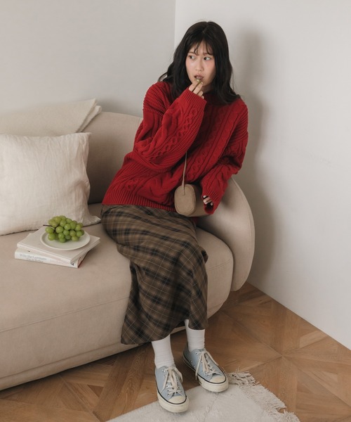 セール】バイアスチェックナロースカート / レッド ブラウン 春服 秋服