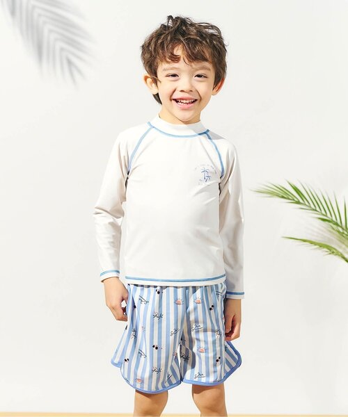 apres les cours（アプレレクール）の「きょうりゅう・ストライプラッシュガード付きボクサー水着（ラッシュガード・キッズ・アイボリー/グリーン・80/90/100/110）」の2枚目の写真