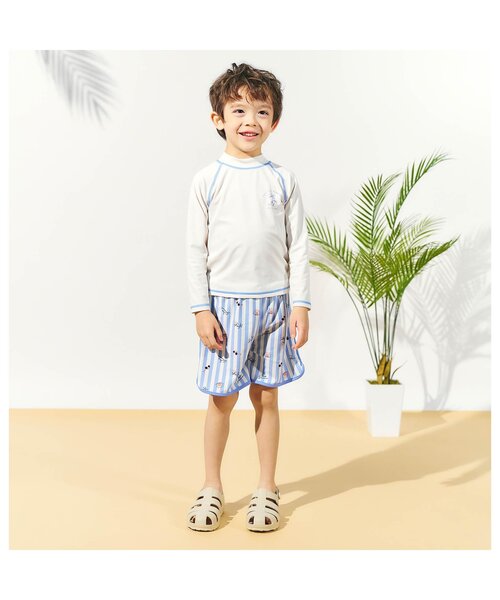 apres les cours（アプレレクール）の「きょうりゅう・ストライプラッシュガード付きボクサー水着（ラッシュガード・キッズ・アイボリー/グリーン・80/90/100/110）」の4枚目の写真