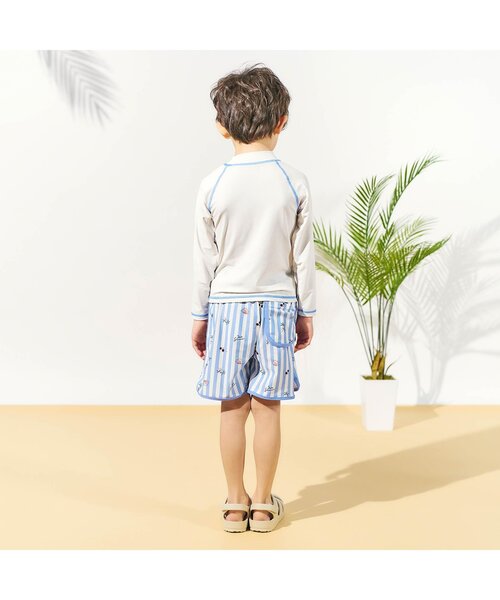 apres les cours（アプレレクール）の「きょうりゅう・ストライプラッシュガード付きボクサー水着（ラッシュガード・キッズ・アイボリー/グリーン・80/90/100/110）」の5枚目の写真