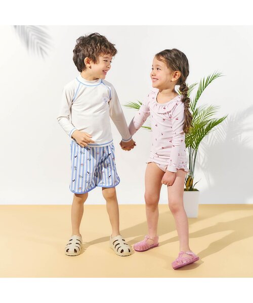 apres les cours（アプレレクール）の「きょうりゅう・ストライプラッシュガード付きボクサー水着（ラッシュガード・キッズ・アイボリー/グリーン・80/90/100/110）」の7枚目の写真