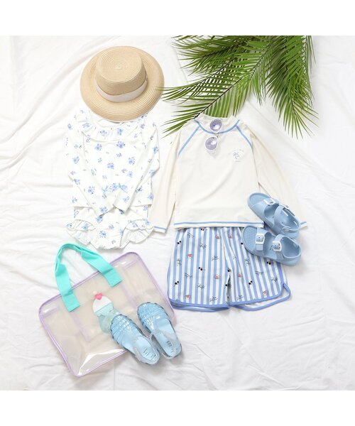 apres les cours（アプレレクール）の「きょうりゅう・ストライプラッシュガード付きボクサー水着（ラッシュガード・キッズ・アイボリー/グリーン・80/90/100/110）」の8枚目の写真