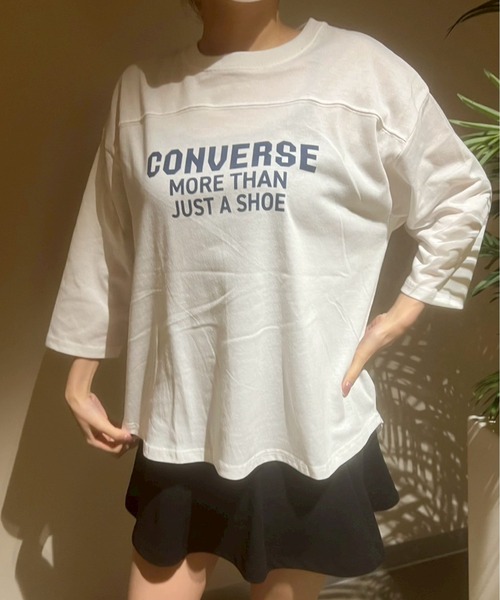 CONVERSE(コンバース)の「【CONVERSE/コンバース】天竺 裾ラウンド/袖切替 プリント8分袖Tシャツ(Tシャツ/カットソー・レディース・グリーン系1/グリーン系2/ホワイト系1/ブラック/スミクロ/ネイビー/ホワイト系2/オートミール・M/L)」の1枚目の写真