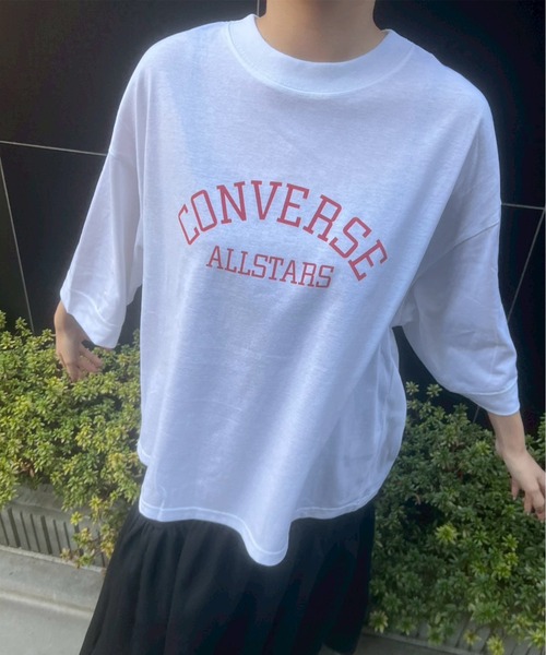 CONVERSE(コンバース)の「【CONVERSE/コンバース】天竺 裾ラウンド/袖切替 プリント8分袖Tシャツ(Tシャツ/カットソー・レディース・グリーン系1/グリーン系2/ホワイト系1/ブラック/スミクロ/ネイビー/ホワイト系2/オートミール・M/L)」の3枚目の写真