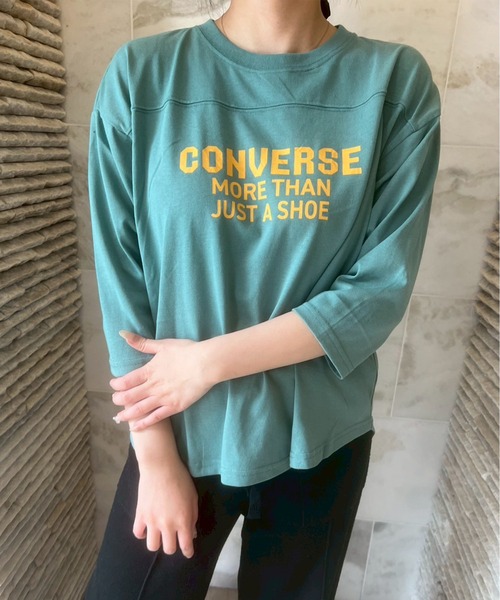 CONVERSE(コンバース)の「【CONVERSE/コンバース】天竺 裾ラウンド/袖切替 プリント8分袖Tシャツ(Tシャツ/カットソー・レディース・グリーン系1/グリーン系2/ホワイト系1/ブラック/スミクロ/ネイビー/ホワイト系2/オートミール・M/L)」の7枚目の写真
