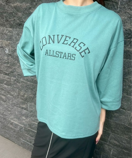 CONVERSE(コンバース)の「【CONVERSE/コンバース】天竺 裾ラウンド/袖切替 プリント8分袖Tシャツ(Tシャツ/カットソー・レディース・グリーン系1/グリーン系2/ホワイト系1/ブラック/スミクロ/ネイビー/ホワイト系2/オートミール・M/L)」の8枚目の写真