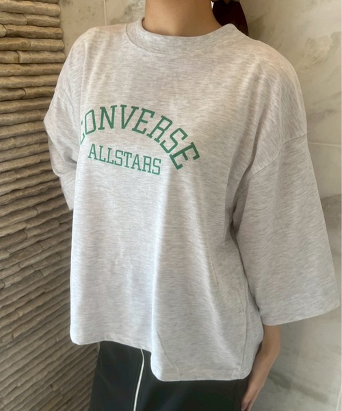 CONVERSE(コンバース)の「【CONVERSE/コンバース】天竺 裾ラウンド/袖切替 プリント8分袖Tシャツ(Tシャツ/カットソー・レディース・グリーン系1/グリーン系2/ホワイト系1/ブラック/スミクロ/ネイビー/ホワイト系2/オートミール・M/L)」の6枚目の写真