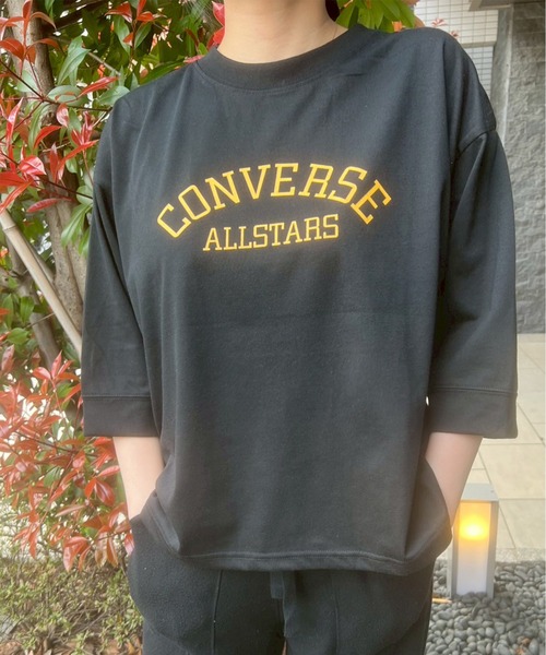 CONVERSE(コンバース)の「【CONVERSE/コンバース】天竺 裾ラウンド/袖切替 プリント8分袖Tシャツ(Tシャツ/カットソー・レディース・グリーン系1/グリーン系2/ホワイト系1/ブラック/スミクロ/ネイビー/ホワイト系2/オートミール・M/L)」の4枚目の写真