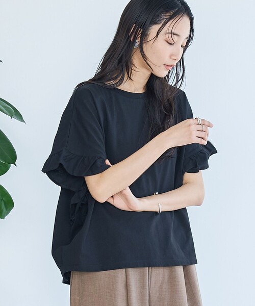 coen(コーエン)の「エマール検証済み【UVカット・接触冷感】WELLTECT USAコットン フリルスリーブプルオーバー(Tシャツ/カットソー・レディース・ダークブラウン/コバルトブルー/ブラック/オフホワイト/ケリーグリーン・M/L)」の3枚目の写真