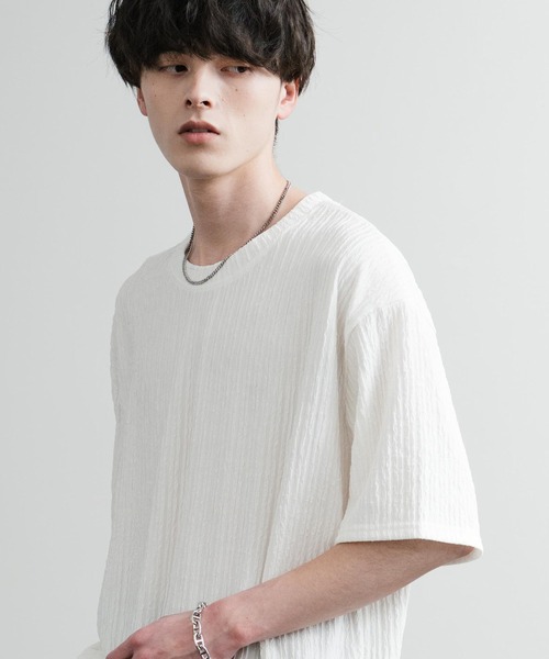 Rocky Monroe(ロッキーモンロー)の「ドレープ ストレッチジャガードクルーネックスリットTシャツ(Tシャツ/カットソー・メンズ・ホワイト/ブラック/ブルー・M/XL/L)」の5枚目の写真