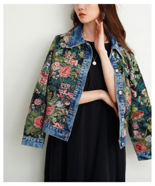 フラワープリントデニムジャガードジャケット（デニムジャケット