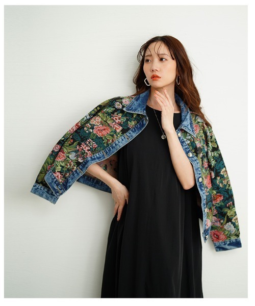 フラワープリントデニムジャガードジャケット（デニムジャケット