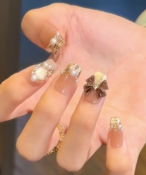 No.037】ネイルチップ♡ツイード♡黒ネイル♡埋めつくしネイル♡リボン