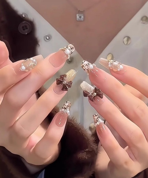 クラシック ツイード リボン デザイン ネイルチップ（ネイル