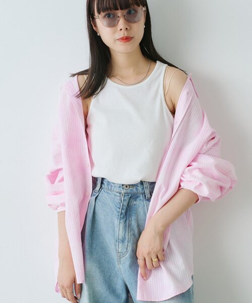 【新品】Kastane(カスタネ) ストライプビッグシャツ ピンク セール】【UNISEX】ブリーチシアサッカーストライプシャツ