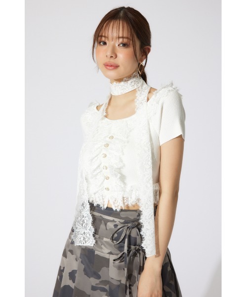 rienda リエンダ　レースコンビリブニットトップス 夏服 半袖 サマーニット セール】レースコンビリブニットトップス 夏服 半袖 サマー