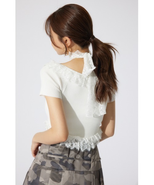 rienda リエンダ　レースコンビリブニットトップス 夏服 半袖 サマーニット セール】レースコンビリブニットトップス 夏服 半袖 サマー