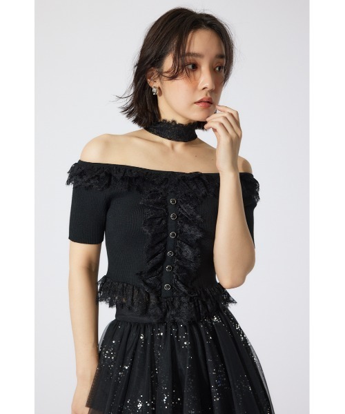 rienda リエンダ　レースコンビリブニットトップス 夏服 半袖 サマーニット セール】レースコンビリブニットトップス 夏服 半袖 サマー