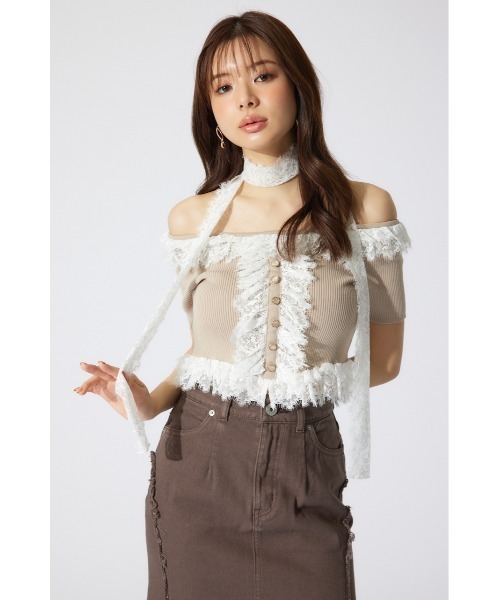 rienda リエンダ　レースコンビリブニットトップス 夏服 半袖 サマーニット セール】レースコンビリブニットトップス 夏服 半袖 サマー