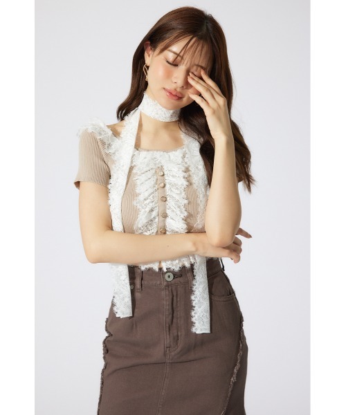 rienda リエンダ　レースコンビリブニットトップス 夏服 半袖 サマーニット セール】レースコンビリブニットトップス 夏服 半袖 サマー