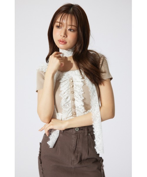 rienda リエンダ　レースコンビリブニットトップス 夏服 半袖 サマーニット セール】レースコンビリブニットトップス 夏服 半袖 サマー