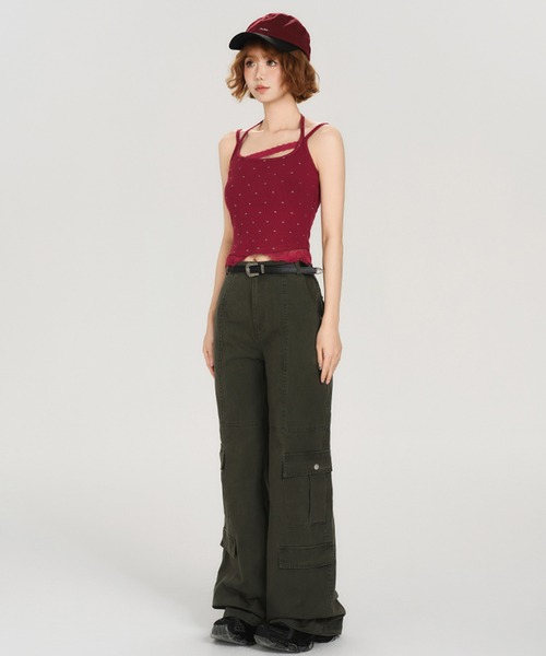tシャツ Vネックリボン チェック柄 キャミソールトップス GH25s099「Girlyhalo」 レディース ホルターネック リボン柄 リブキャミソールトップス GH25s067
