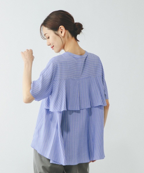 GLOBAL WORK（グローバルワーク）の「さらさらリラックスバックフレア/290896（シャツ/ブラウス・レディース・ストライプ/オフホワイト/ブラック/イエロー系8・MEDIUM/LARGE）」の4枚目の写真