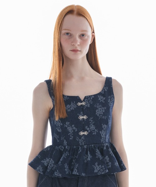 フラワープリントデニムビスチェ サイズ1 キャミソール flower jacquard denim bustier／花柄ジャガード