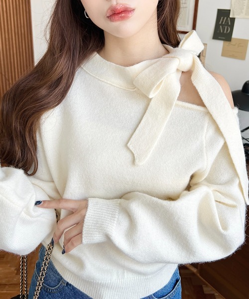 セール】ボウタイリボンワンショルニットプルオーバー（ニット
