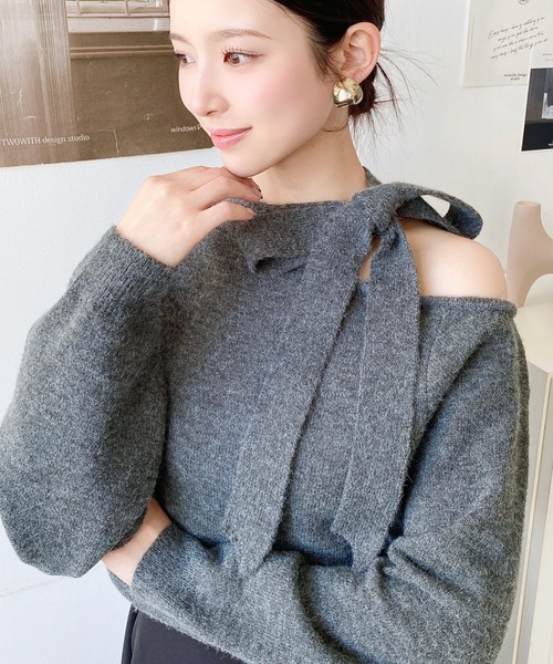 セール】ボウタイリボンワンショルニットプルオーバー（ニット