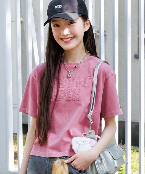 algy（アルジー）の「ピグメント風アップリケロゴ半袖T（Tシャツ/カットソー・キッズ・チャコール/カーキ/ピンク・X-SMALL/XX-SMALL/SMALL/MEDIUM）」の3枚目の写真