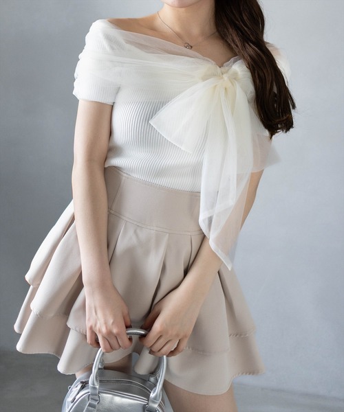 clear（クリア）の「チュールリボンデザインニットトップス[フェミニン ニット チュール リボン]≪2025SS新作≫（ニット/セーター・レディース・ブラック/グレー/オフホワイト/モカ/ボルドー・F）」の2枚目の写真