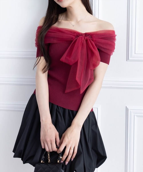 clear（クリア）の「チュールリボンデザインニットトップス[フェミニン ニット チュール リボン]≪2025SS新作≫（ニット/セーター・レディース・ブラック/グレー/オフホワイト/モカ/ボルドー・F）」の5枚目の写真