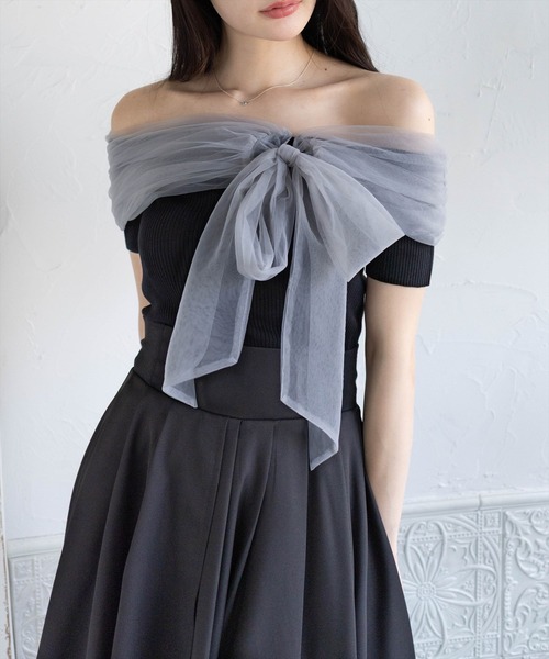 clear（クリア）の「チュールリボンデザインニットトップス[フェミニン ニット チュール リボン]≪2025SS新作≫（ニット/セーター・レディース・ブラック/グレー/オフホワイト/モカ/ボルドー・F）」の3枚目の写真