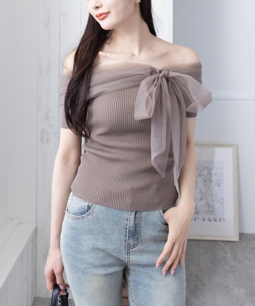 clear（クリア）の「チュールリボンデザインニットトップス[フェミニン ニット チュール リボン]≪2025SS新作≫（ニット/セーター・レディース・ブラック/グレー/オフホワイト/モカ/ボルドー・F）」の4枚目の写真