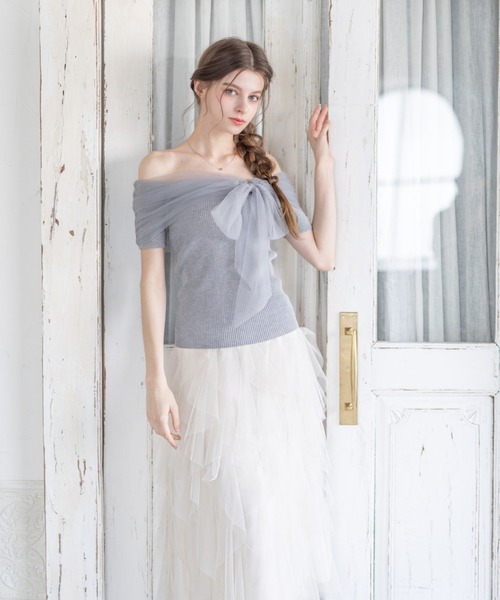 セール】チュールリボンデザインニットトップス[フェミニン ニット