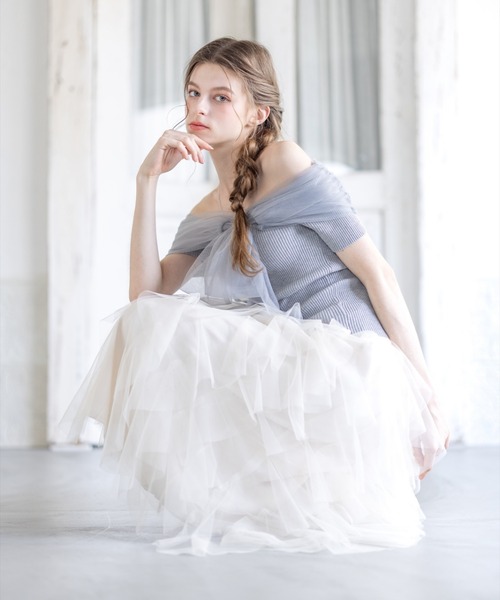 チュールリボン♡キラキラマーメイド♡ツイン セール】チュールリボンデザインニットトップス[フェミニン ニット