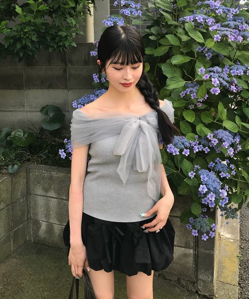 clear（クリア）の「チュールリボンデザインニットトップス[フェミニン ニット チュール リボン]≪2025SS新作≫（ニット/セーター・レディース・ブラック/グレー/オフホワイト/モカ/ボルドー・F）」の7枚目の写真