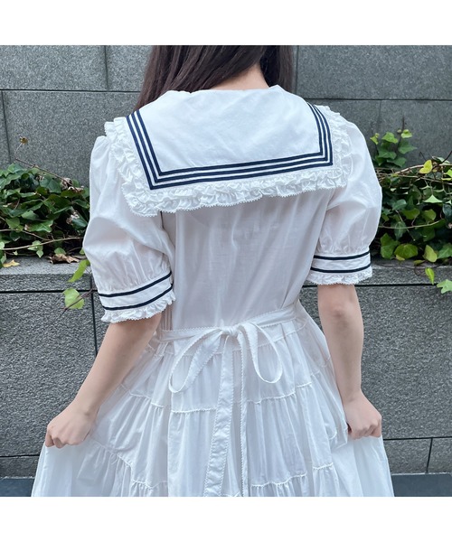 ピンクハウス　セーラーカラーワンピース　白×紺 セール】 セーラーカラーワンピース （ロング・マキシ丈
