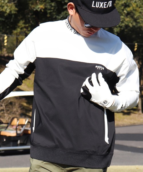 LUXE/R GOLF(ラグジュ ゴルフ)の「(RM)【LUXE/R GOLF】ストレッチ クロス バイカラー ロゴ ジャガード プルオーバー シャツ(スウェット・メンズ・グレー系/チャコールグレー×ブラック/ブラック×ホワイト・L/XL/M)」の2枚目の写真