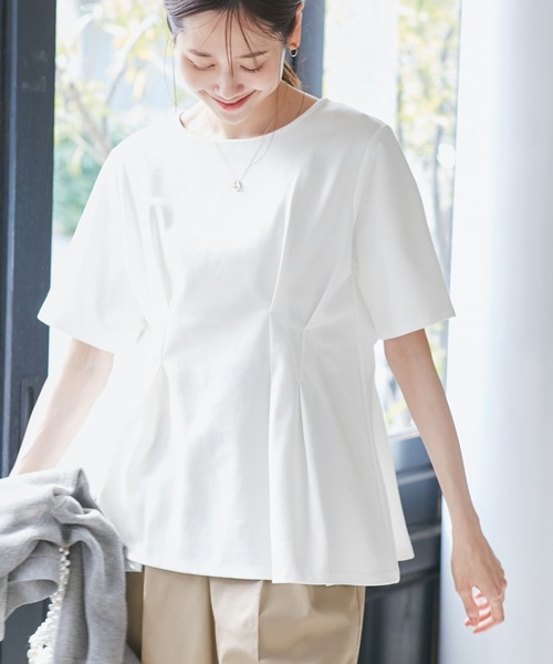 ROPE' PICNIC（ロペピクニック）の「(接触冷感×UVカット)ウエストタックペプラムトップス（Tシャツ/カットソー・レディース・ブラック/ブルー系その他6/ホワイト/ライトグリーン・38）」の2枚目の写真