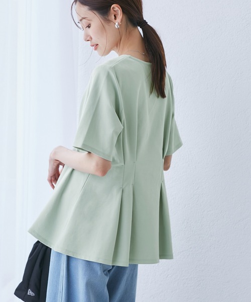 ROPE' PICNIC（ロペピクニック）の「(接触冷感×UVカット)ウエストタックペプラムトップス（Tシャツ/カットソー・レディース・ブラック/ブルー系その他6/ホワイト/ライトグリーン・38）」の4枚目の写真