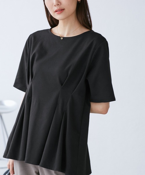 ROPE' PICNIC（ロペピクニック）の「(接触冷感×UVカット)ウエストタックペプラムトップス（Tシャツ/カットソー・レディース・ブラック/ブルー系その他6/ホワイト/ライトグリーン・38）」の3枚目の写真